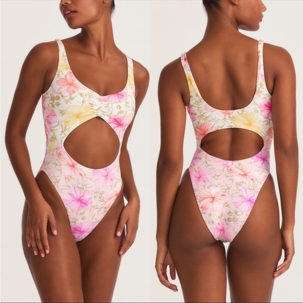 Love Shack Fancy X Hurley Hibiscus Cheeky One Piece Swim Suit Floral Cut Out